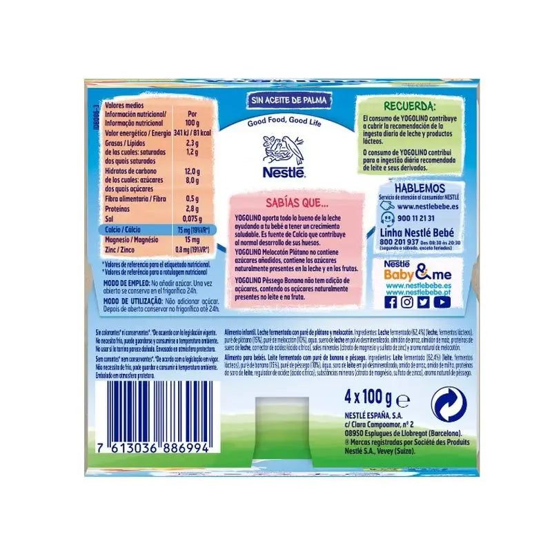 Nestlé Yogolino Pêche & Banane sans sucre, 4X100g
