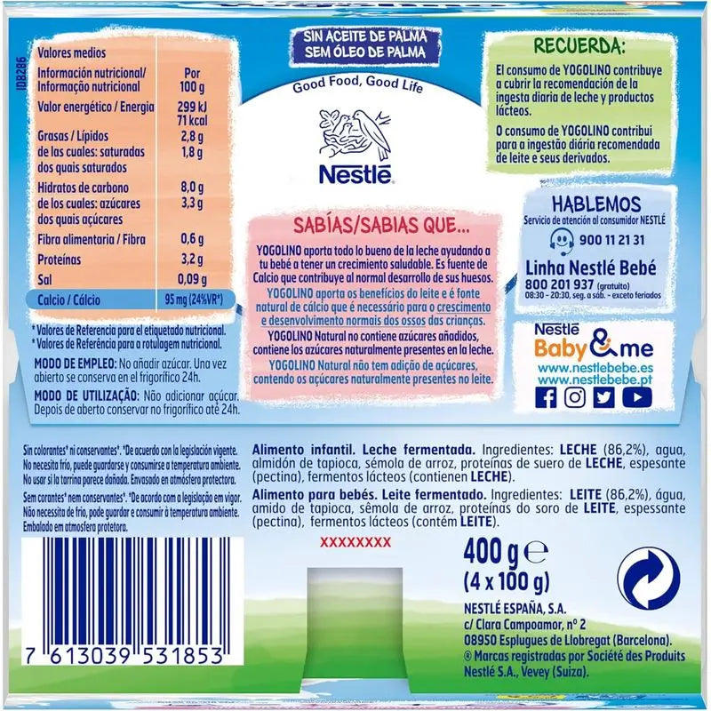 Nestlé Yogolino Naturel Sans Sucre, 4X100 g