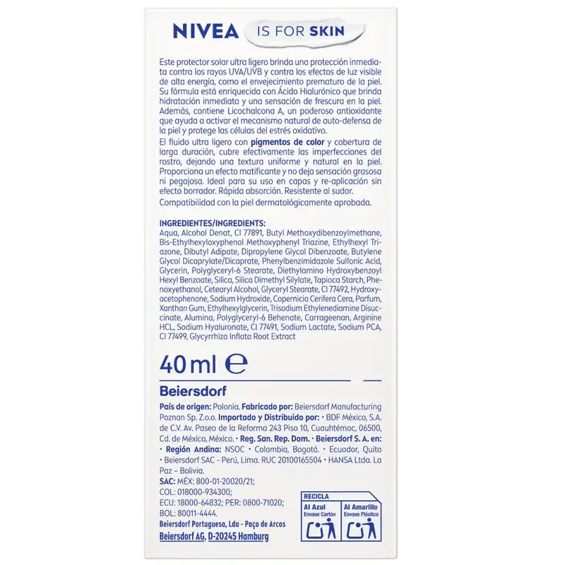 Nivea Sun Ultra Light Daily Face Fluid Light Tone Spf50+ 40Ml