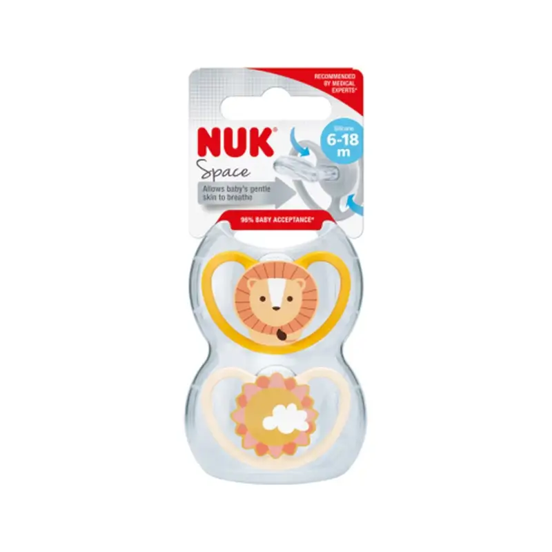 Sucette Nuk Space Leon/Sun T2 6-18M Silicone , 2 unités