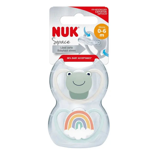 Sucette Nuk Space Frog/Rainbow T1 0-6M Silicone , 2 unités