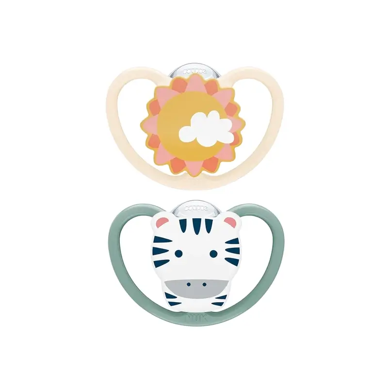 Sucette Nuk Space Zebra/Sun T2 6-18M Silicone, 2 unités