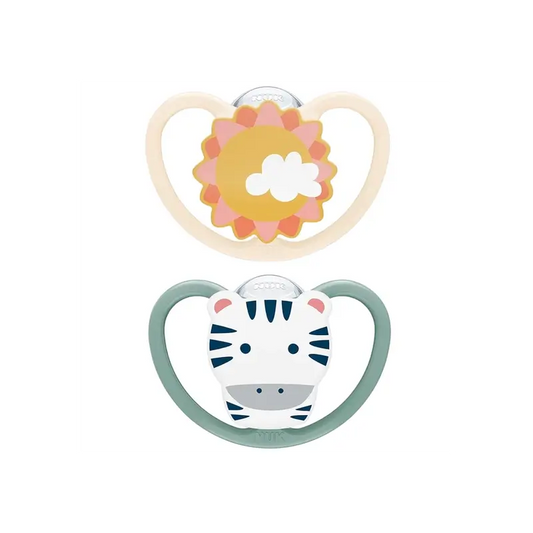 Sucette Nuk Space Zebra/Sun T2 6-18M Silicone, 2 unités