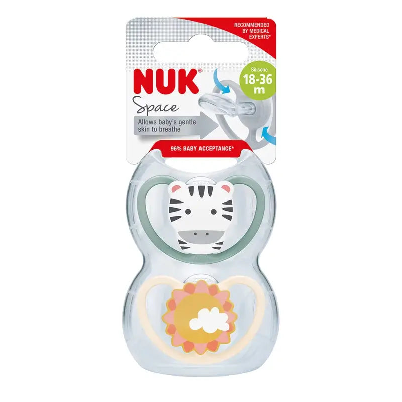 Sucette Nuk Space Zebra/Sun T3 18-36M Silicone , 2 unités