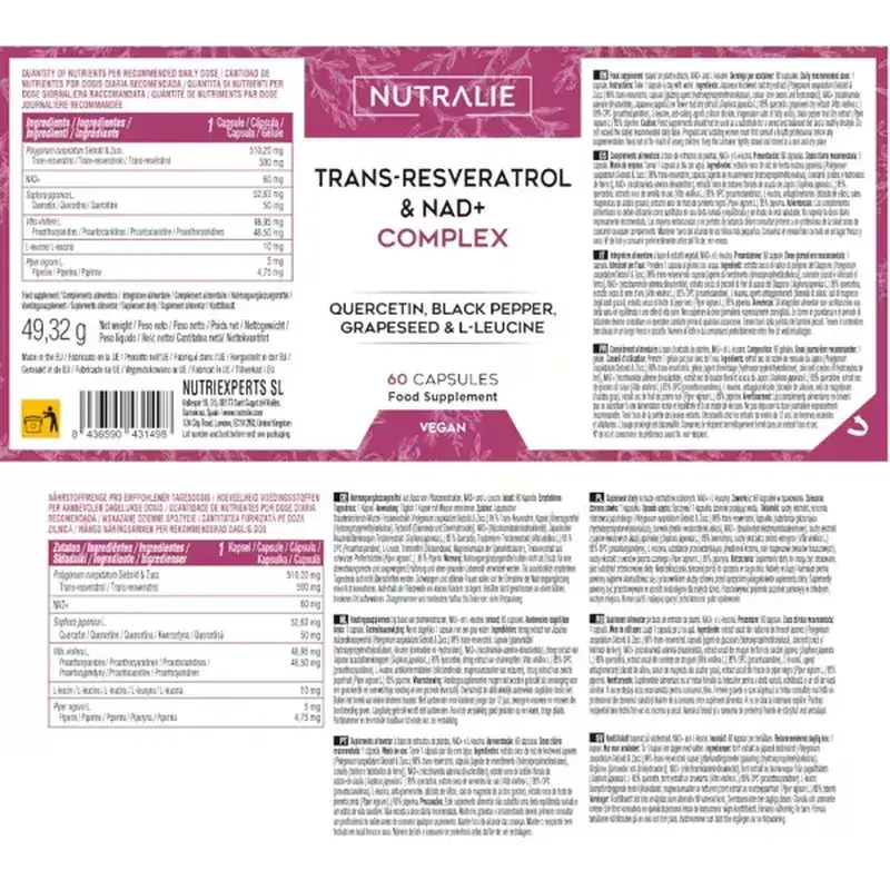 Nutralie Trans Resveratrol & Nad+ Complex With Quercetin + Piperine, 60 gélules