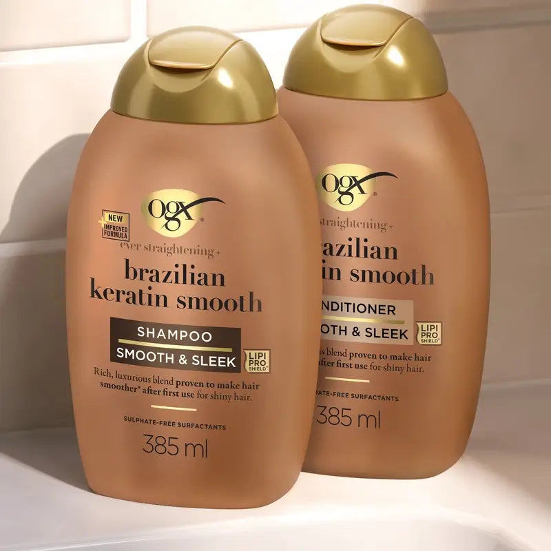 OGX Brazilian Keratin Conditioner, pour cheveux ondulés ou bouclés, lisse, renforce et hydrate, 385ml