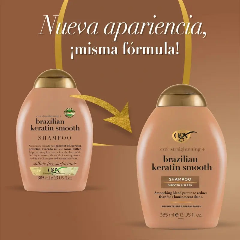 OGX Shampooing à la kératine brésilienne, lisse et nourrissant, cheveux ondulés ou bouclés, lisses et brillants, 385ml