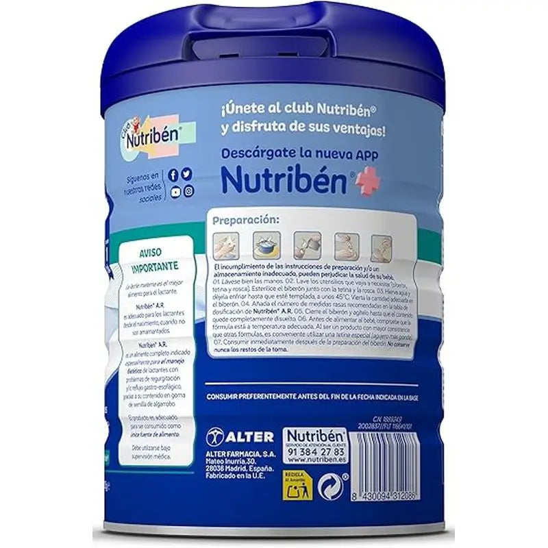 Nutribén AR Lait anti-reflux et anti-régurgitations, 8 X 800 grammes