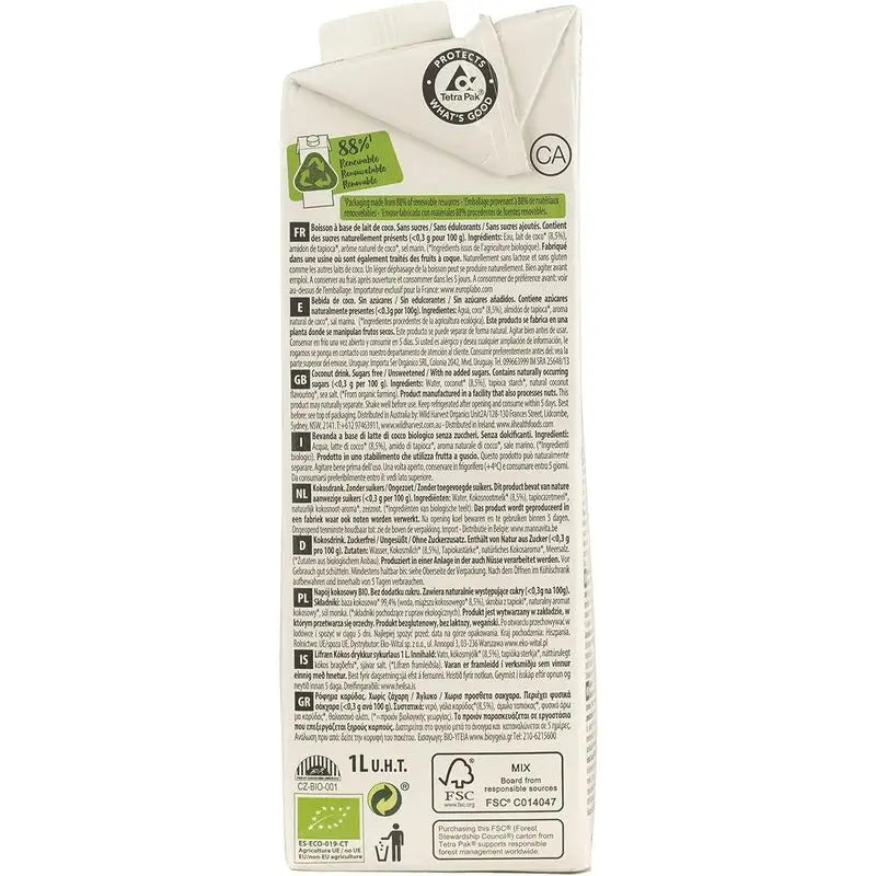 Ecomil Coconut Nature Bio, Pack 1 L x 6 unités