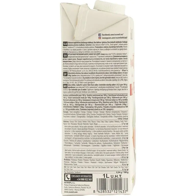 Ecomil Coconut Nature Bio, Pack 1Litre x 8 Unités