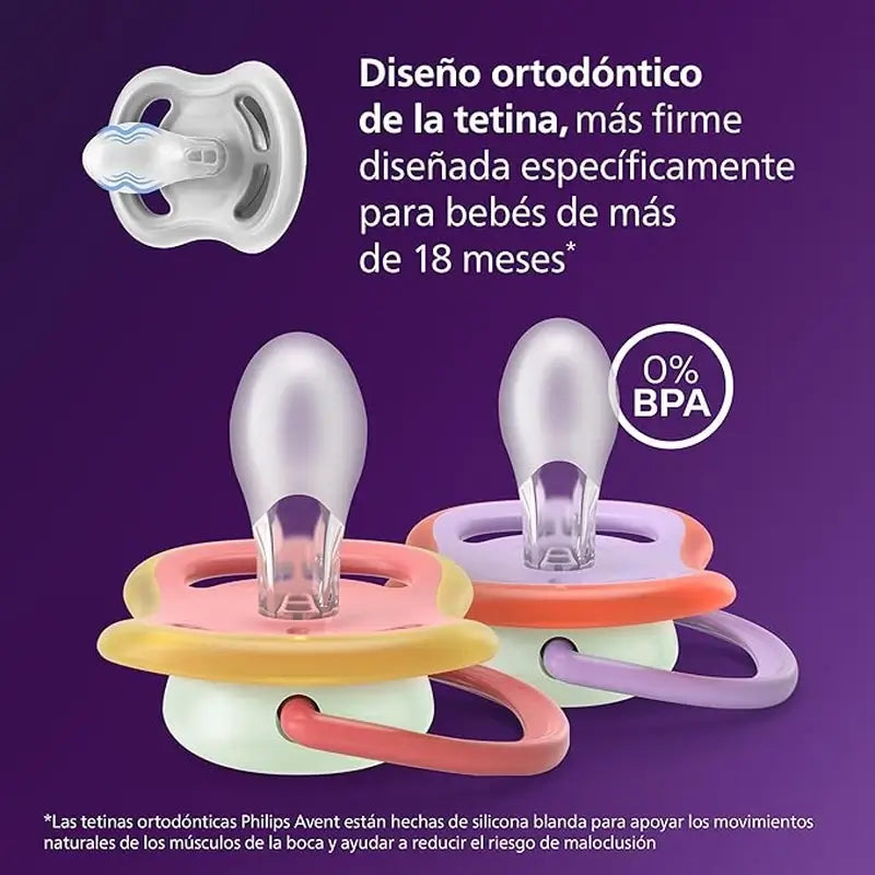 Philips Avent 2 dummies ultra air night-time +18m baby girl