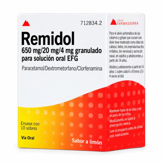 Remidol 650 Mg/20 Mg/4 mg Granules pour solution orale Efg, 10 sachets