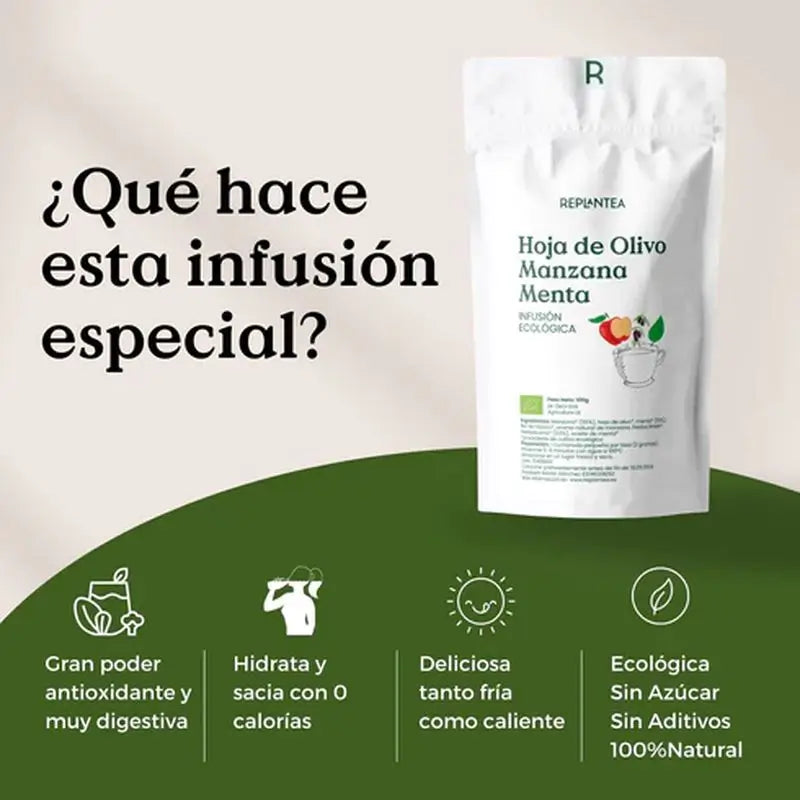 Replantea Feuille d'olivier, infusion de pomme et de menthe bio, 100 g