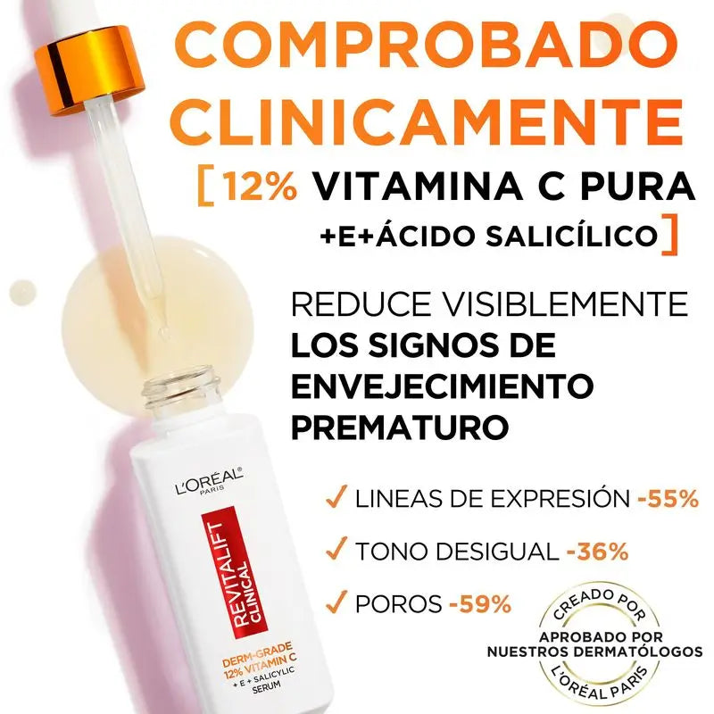 L'Oréal Paris Revitalift Clinical Serum [Wrinkle-Tone-Pores] avec 12% de vitamine C pure + vitamine E + acide salicylique.