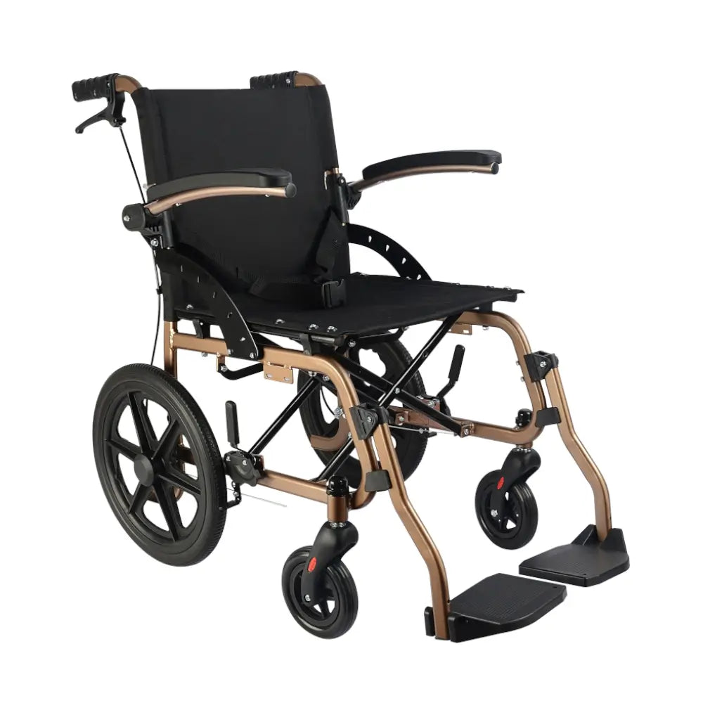 fauteuil roulant de transport en aluminium, accoudoirs rabattables, doré