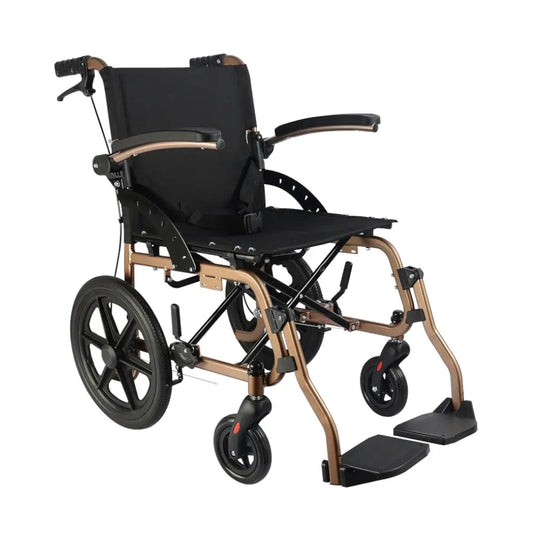 fauteuil roulant de transport en aluminium, accoudoirs rabattables, doré