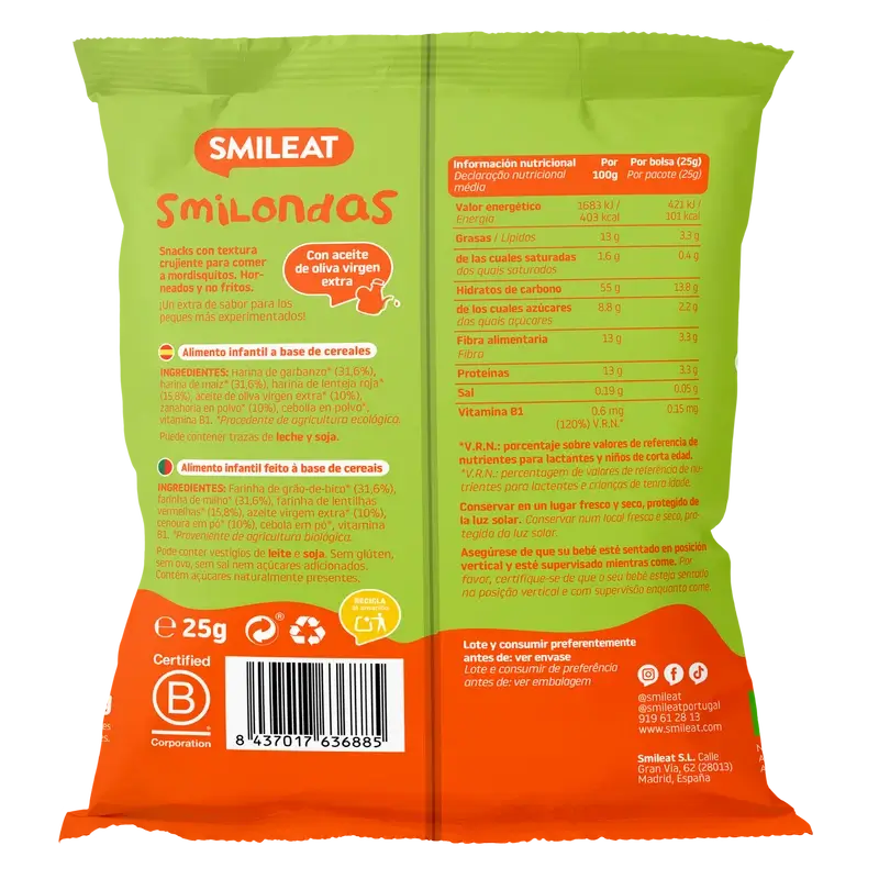 Smileat Smilondas Snack au maïs, légumes et carottes, 25 grammes