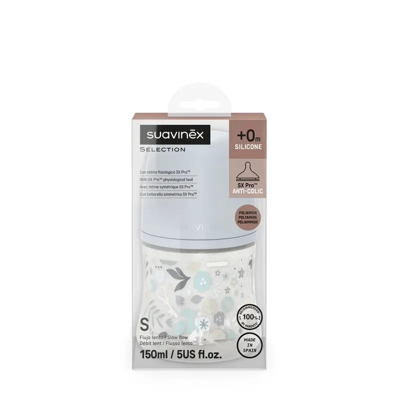 Biberon Suavinex 150 ml, débit lent (S), +0 mois, Wonderland Flowers Blue