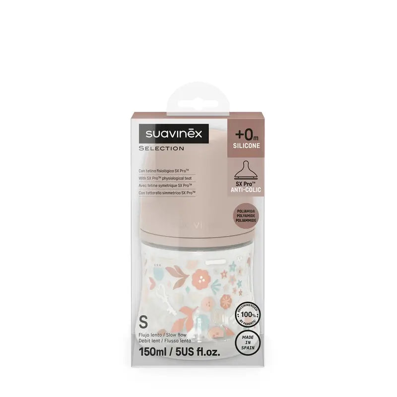 Biberon Suavinex 150 ml, débit lent (S), +0 mois, Wonderland Flowers Pink