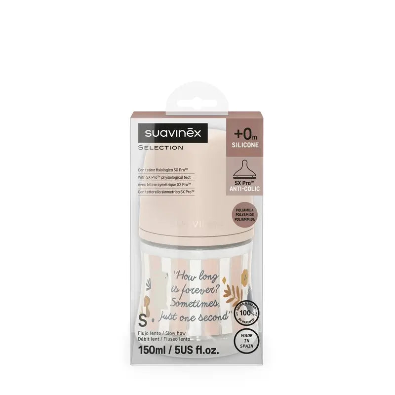 Biberon Suavinex 150 ml, débit lent (S), +0 mois, Wonderland Pink