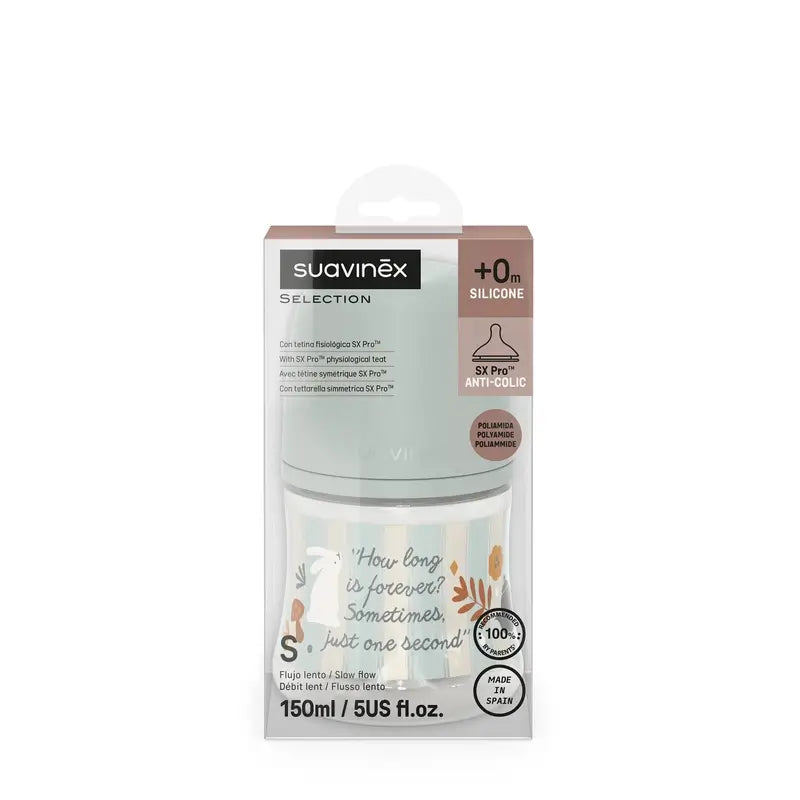 Biberon Suavinex 150 ml, débit lent (S), +0 mois, Wonderland Green