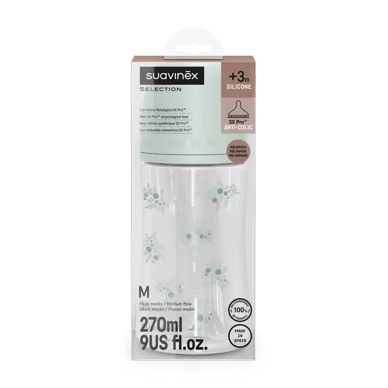 Suavinex Biberon 270 ml, débit moyen (M), +3 mois, Bleu Poésie