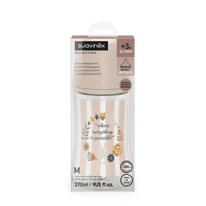 Biberon Suavinex 270 ml, débit moyen (M), +3 mois, Wonderland Pink