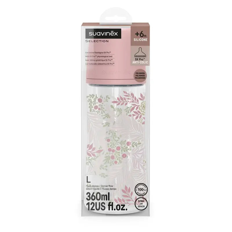Suavinex Biberon 360 ml, débit dense (L), +6 mois, Poetry Pink