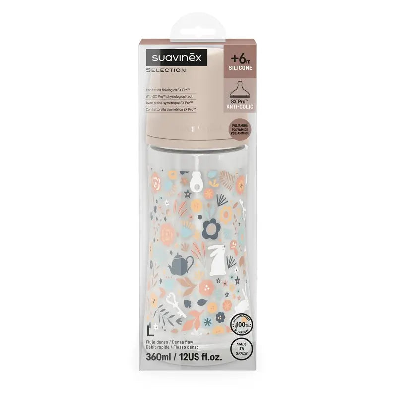 Suavinex Biberon 360 Ml, Dense Flow (L), +6 mois, Wonderland Flowers Pink