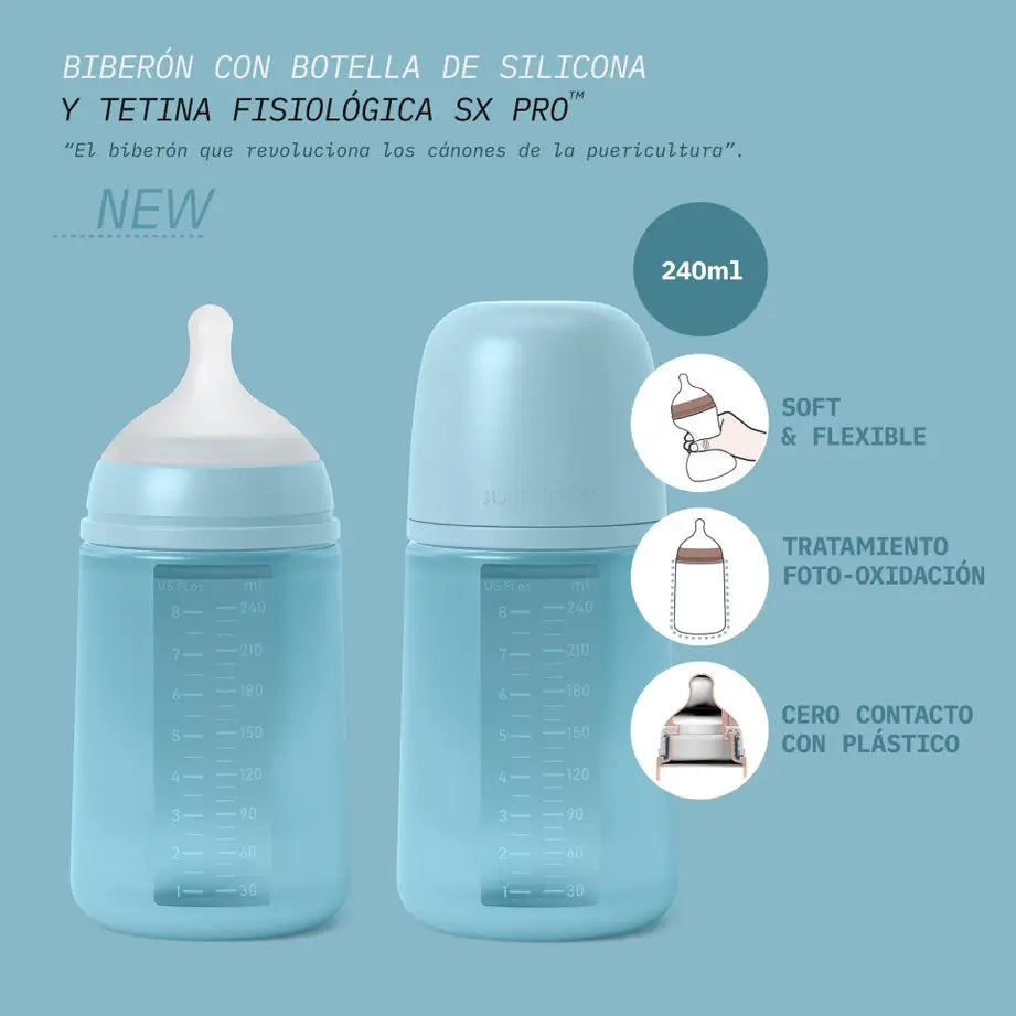 Biberon Suavinex avec biberon en silicone 240 ml, tétine physiologique Sx Pro, débit moyen (M). +3 Mois. Essence de couleur, Nude