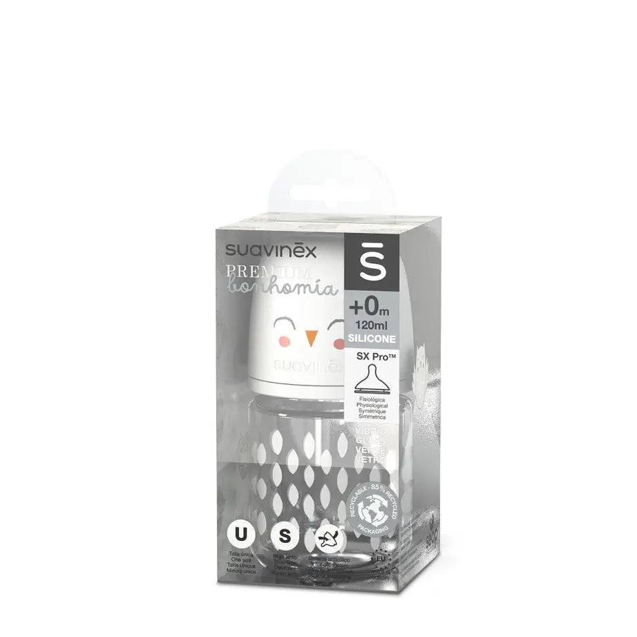 Suavinex Bouteille en verre 120 Ml. Tétine Physiologique Sx Pro Silicone. Biberon à débit lent. +0 Mois. Bonhomia, Beige