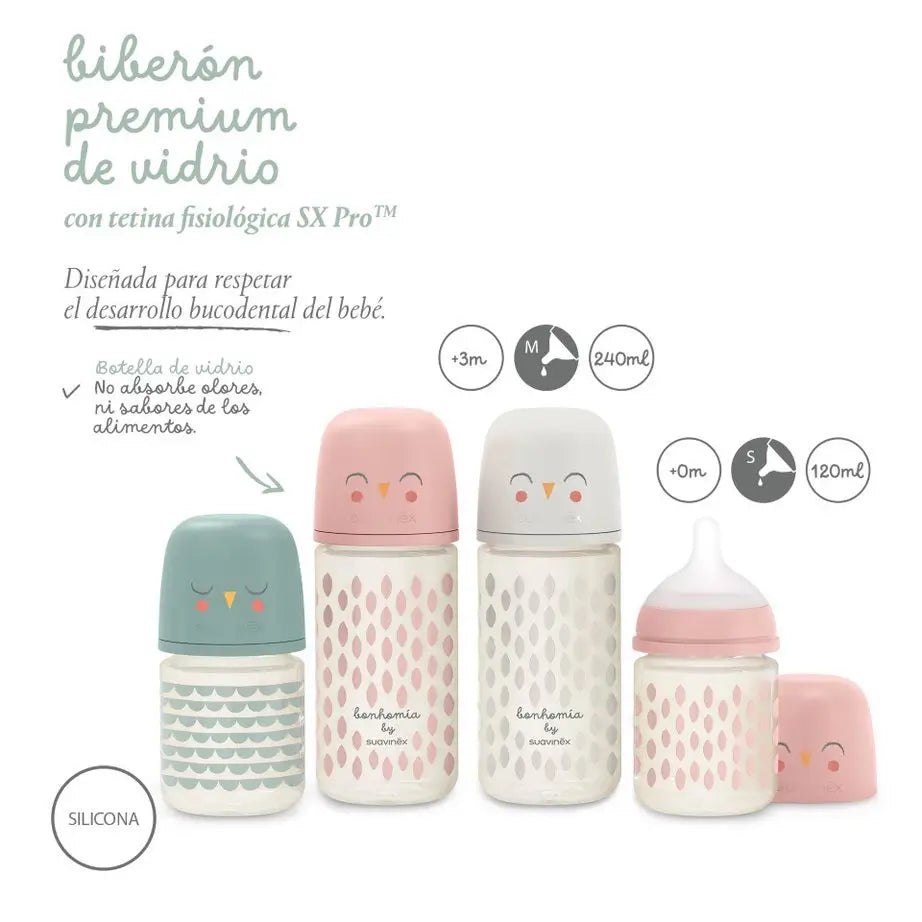 Suavinex Bouteille en verre 120 Ml. Tétine Physiologique Sx Pro Silicone. Biberon à débit lent. +0 Mois. Bonhomia, Vert