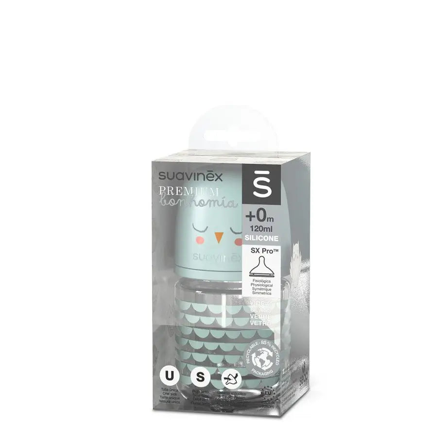 Suavinex Bouteille en verre 120 Ml. Tétine Physiologique Sx Pro Silicone. Biberon à débit lent. +0 Mois. Bonhomia, Vert