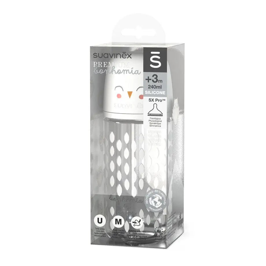 Suavinex Bouteille en verre 240 Ml. Tétine en silicone Sx Pro Physiologique. Biberon à débit moyen. +3 mois. Bonhomia, Beige