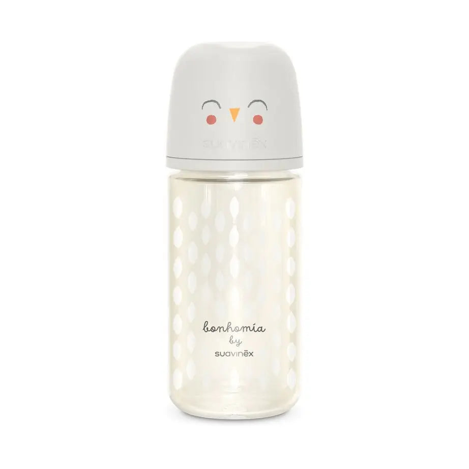 Suavinex Bouteille en verre 240 Ml. Tétine en silicone Sx Pro Physiologique. Biberon à débit moyen. +3 mois. Bonhomia, Beige