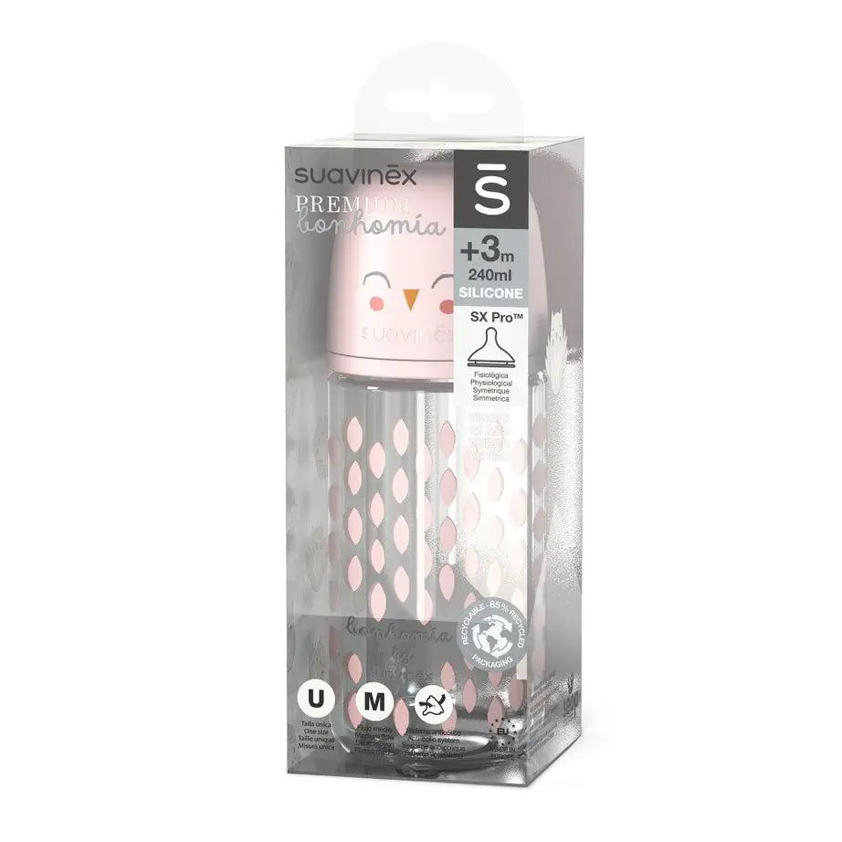 Suavinex Bouteille en verre 240 Ml. Tétine en silicone Sx Pro Physiologique. Biberon à débit moyen. +3 mois. Bonhomia, Rose