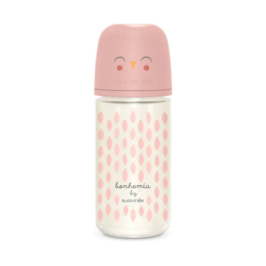 Suavinex Bouteille en verre 240 Ml. Tétine en silicone Sx Pro Physiologique. Biberon à débit moyen. +3 mois. Bonhomia, Rose