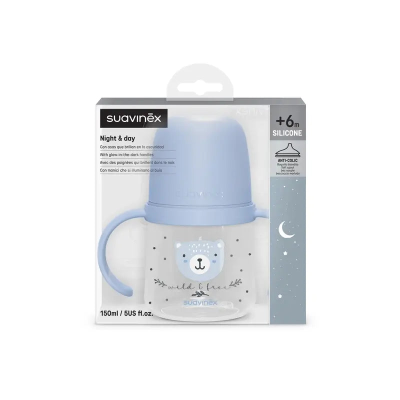 Suavinex Biberon de nuit Night & Day +6 mois Wild&Free Blue, 150 ml