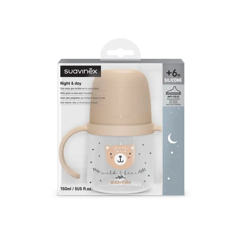 Suavinex Biberon de nuit Night & Day +6 mois Wild&Free Beige, 150 ml