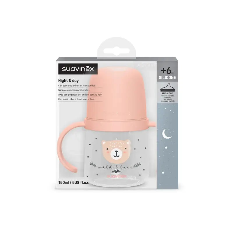 Suavinex Biberon de nuit Night & Day +6 mois Wild&Free Pink, 150 ml