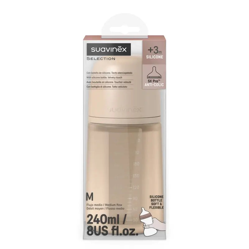 Biberon en silicone Suavinex 240 ml, débit moyen (M), +3 mois, crème irlandaise