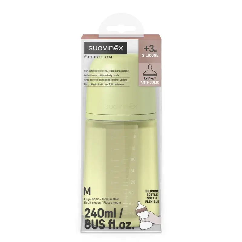 Biberon en silicone Suavinex 240 ml, débit moyen (M), +3 mois, citron vert