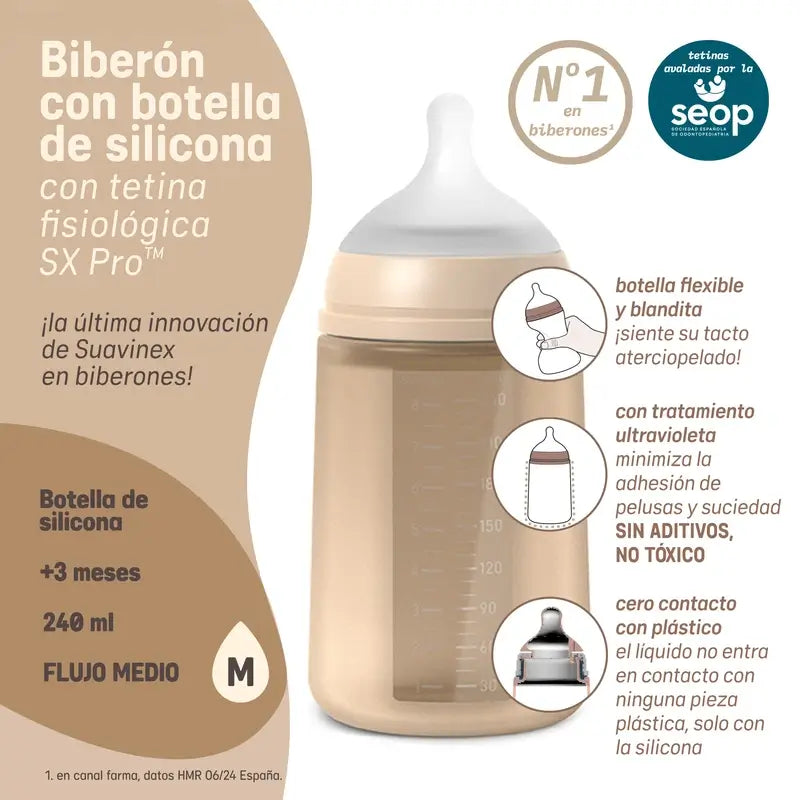 Biberon en silicone Suavinex 240 ml, débit moyen (M), +3 mois, citron vert