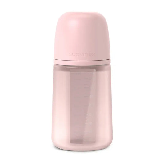 Biberon en silicone Suavinex 240 ml, débit moyen (M), +3 mois, eau de rose