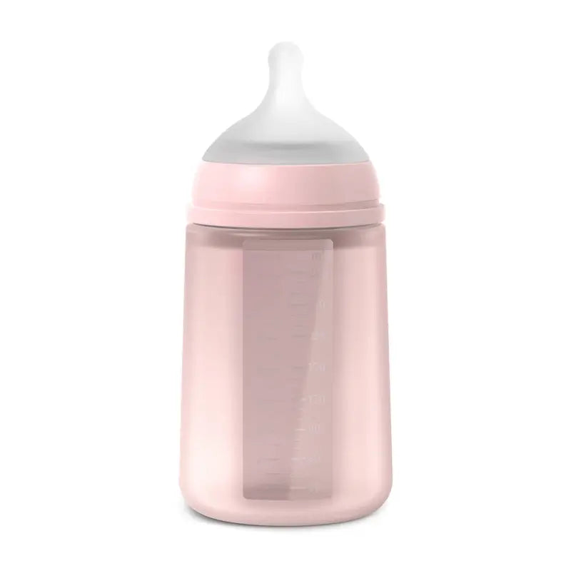 Biberon en silicone Suavinex 240 ml, débit moyen (M), +3 mois, eau de rose