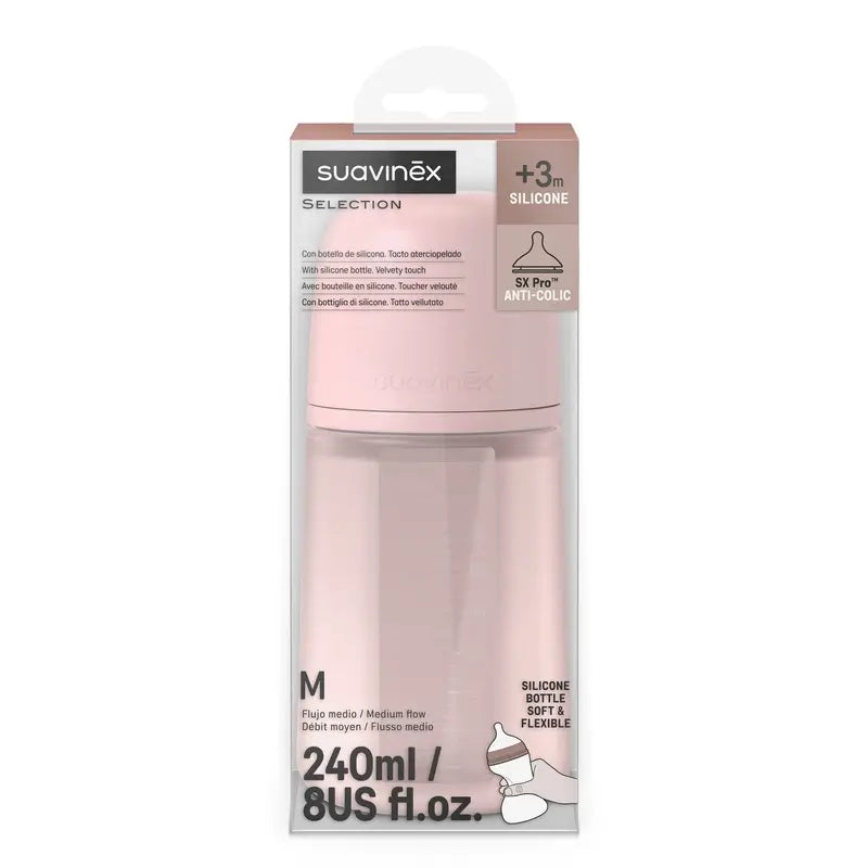 Biberon en silicone Suavinex 240 ml, débit moyen (M), +3 mois, eau de rose