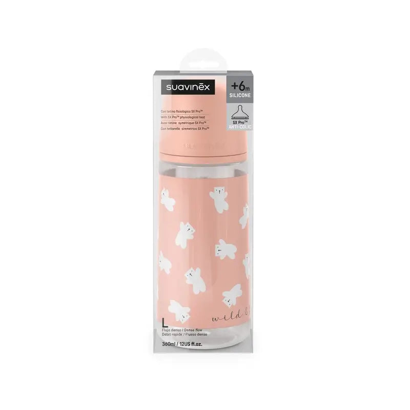 Suavinex Tétine pour biberon Sx Pro Dense Flow (L) +6 mois Rose Wild&Free, 360 ml