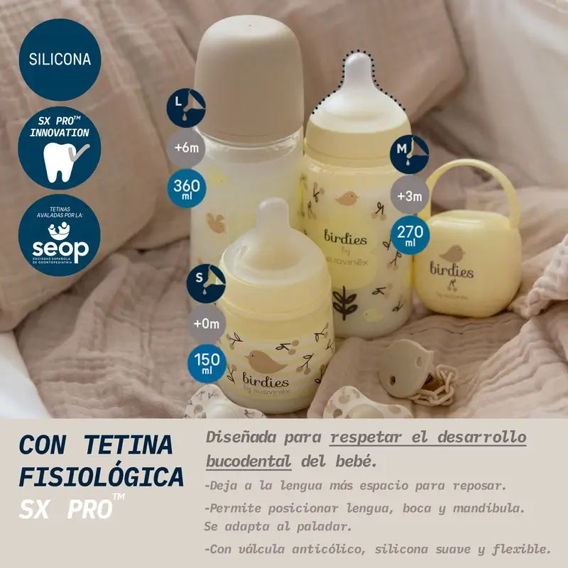Suavinex Tétine pour biberon Sx Pro Dense Flow (L) +6 mois Birdies Beige, 360 ml