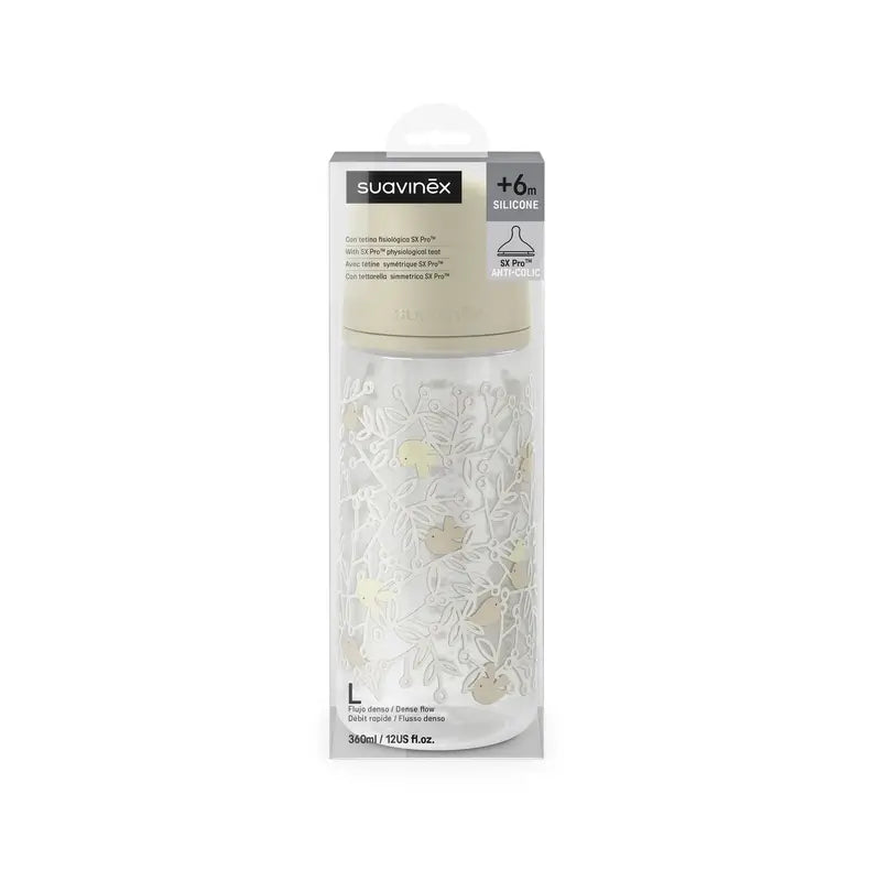 Suavinex Tétine pour biberon Sx Pro Dense Flow (L) +6 mois Birdies Beige, 360 ml