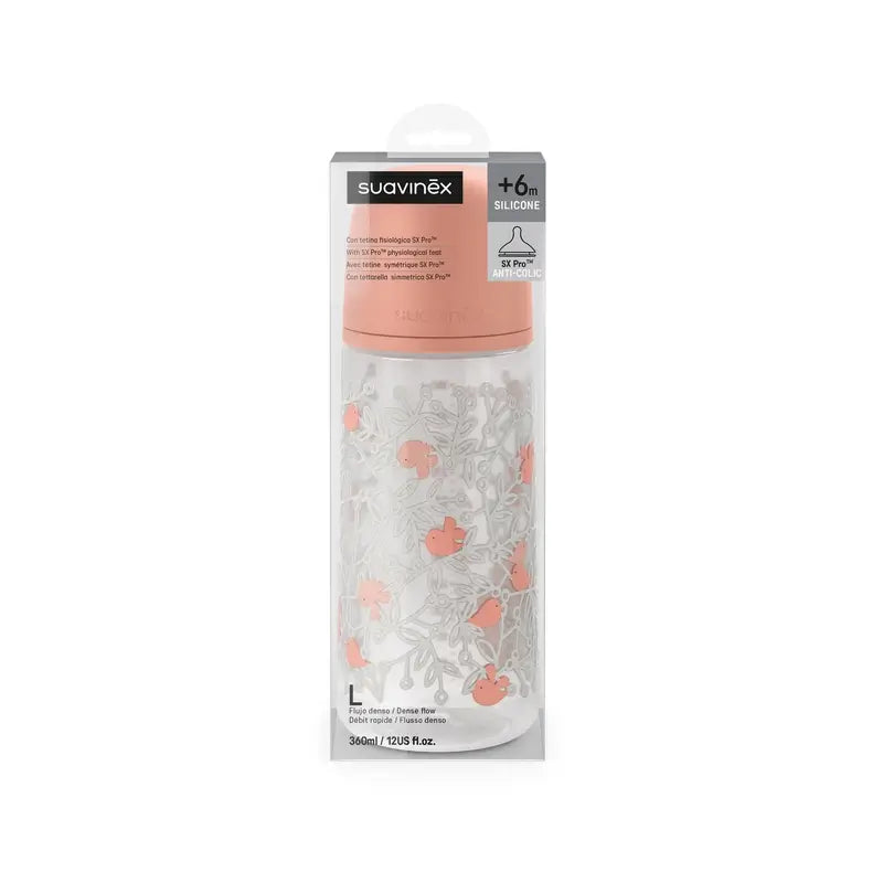 Suavinex Tétine pour biberon Sx Pro Dense Flow (L) +6 mois Birdies Pink, 360 ml